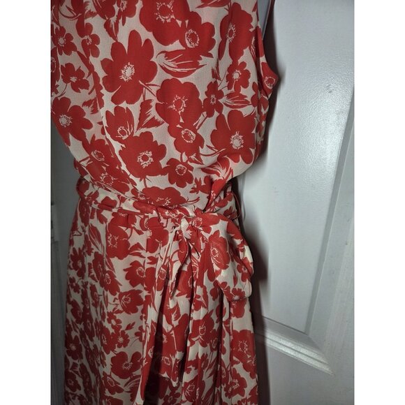 JH Red Pink Sleeveless Floral Chiffon Blouson A-Line Midi Dress Belted 14 - Picture 6 of 8